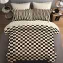 Checkerboard Grid Geometric Plaid Khaki Black Comforter Set 7 Pcs King Size Quilt, Checkered Geometric Retro Soft Bedding Set with Flat and Fitted Sheet Pillowcases Sham for Adults Bedroom Bed Decor