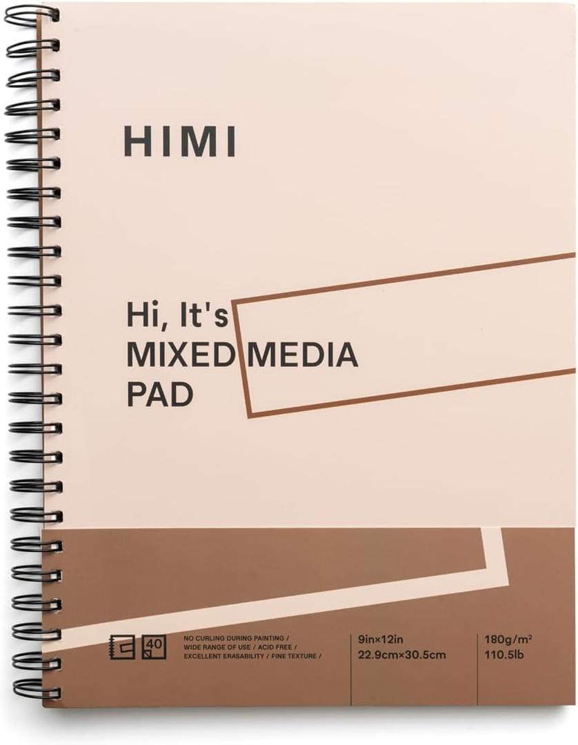 HIMI Mix Media Paper Pad 9X12''(180g/m) 40 Sheets Mix Paper Pad, Side Wire Bound, Fine Texture, in Gouache Acrylic Art Pad for Sketching, Ink Sketch Book, Art Supplies Drawing Pad Gift (Pink)