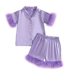 Ayalinggo Toddler Silk Pajamas Baby Kids Girl Satin Summer Pjs Feather Pajamas Short Sleeve Sleepwear Nightgown Shorts Set (Purple, 5-6 Years)