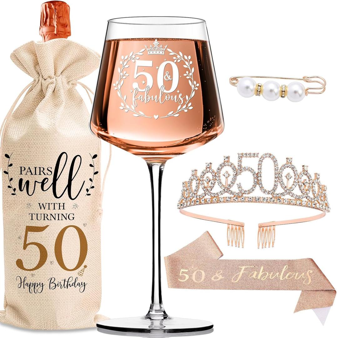 50th Birthday Gifts for Women Her - Elegant Decorations with Vintage Wine Glasses, Wine Bag, Birthday Sash, Crown,Rhinestone Birthday Tiara, Perfect for Women,Mom,Wife,Coworker,Best Friend,Sister