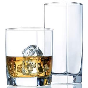 Collins Everyday Drinking Glasses Set of 16 Drinkware Kitchen Glasses for Cocktail, Iced Coffee, Beer, Ice Tea, Wine, Whiskey, Water, 8 Tall Highball Glass Cups & 8 Short Old Fashioned