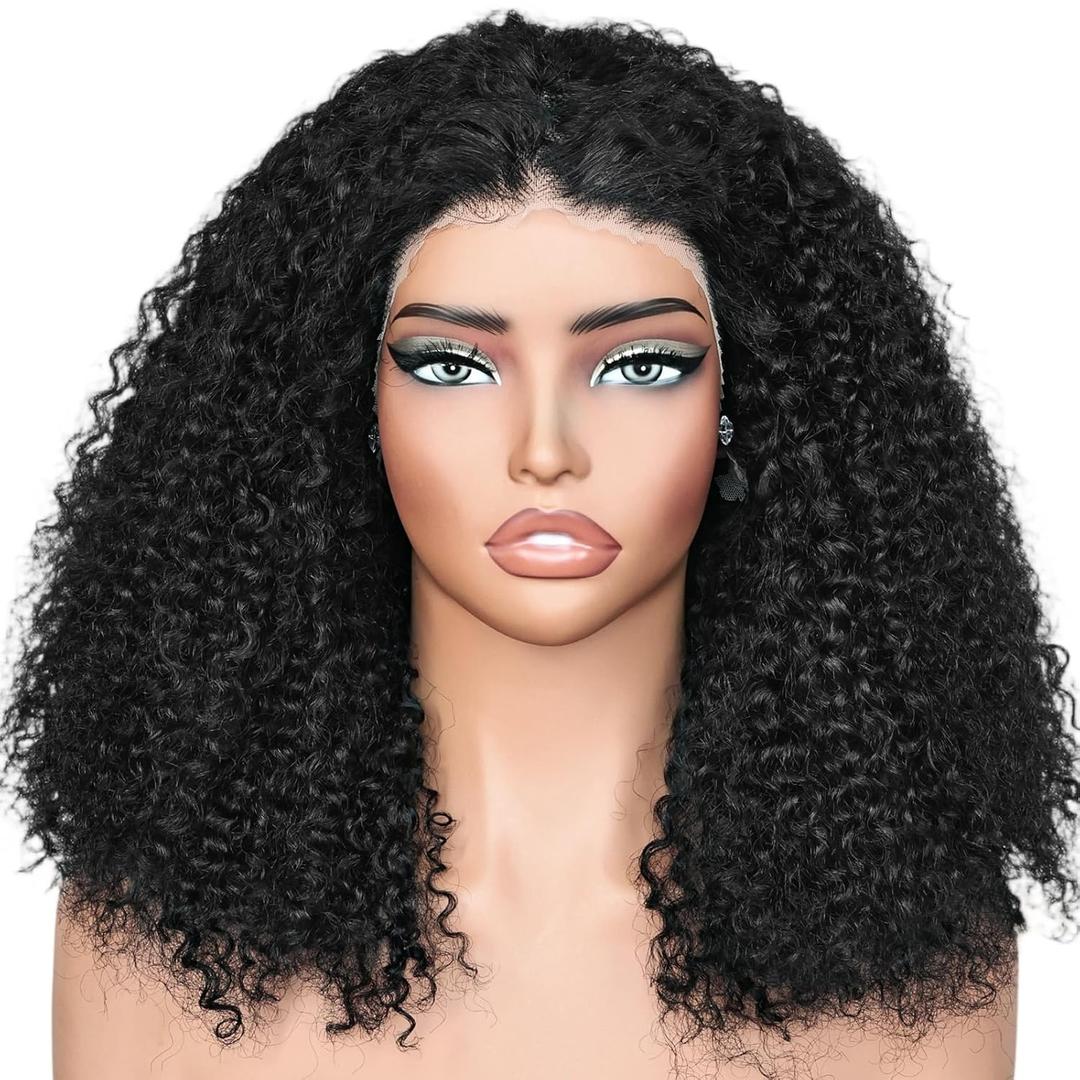 Afro Kinky Curly Wig Human Hair, 13x4 Lace Front Curly Afro Glueless Wigs 180 Density, Pre Plucked Transparent Lace Frontal, Brazilian Human Hair Bob Wig for Women, Natural Black 18 Inch