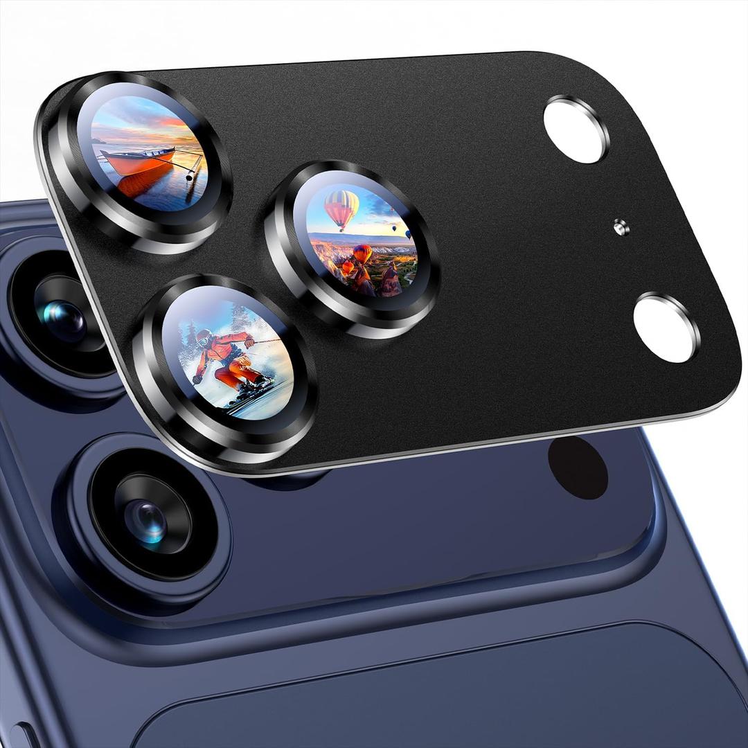 Uyiton Compatible with iPhone 17 Pro Max Camera Lens Protector - [Not Easy to Break][Strong Adsorption][Case-Friendly] Metal Tempered Glass Rear Camera Screen Cover - Black Titanium