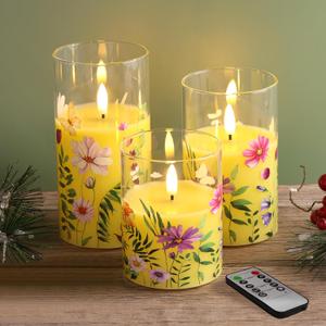 Eywamage Yellow Floral Glass Flameless Candles with Remote, Flickering Real Wax LED Battery Pillar Candles Set of 3