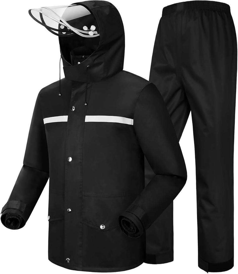 iCreek Rain Suit Waterproof Jacket and Trouser Suit Raincoat for Men and Women Outdoor All-Sport Breathable Anti-storm (Black, M)