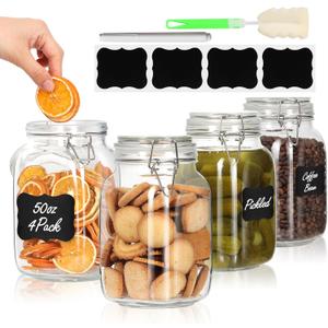 AuroTrends Glass Jars with Airtight Lid 50oz 4Pack, 1500ml Glass Canisters with Airtight Lids- Mason Jar with Clamp Lid for Pantry Storage (50 fl.oz, Set of 4)