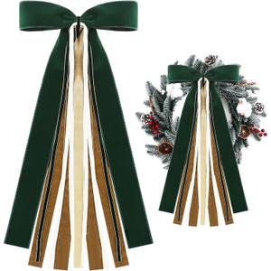 Large Green Velvet Christmas Ribbon Bow Sash for Wreath 12" x 24" Retro Xmas Tree Topper Bow Ribbons Bundle Giant Holiday Ornaments Decor for Winter Front Door Wall Window Indoor Outdoor