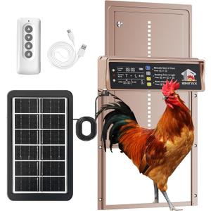 Automatic Chicken Coop Door Solar Powered, LCD Display Chicken Door with Timer & Light Sensor, 4 Modes Automatic Chicken Door Solar, Anti-Pinch & Weather Proof Coop Door with Remote Control (Gold)