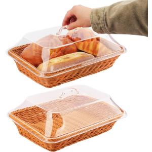 2 Pack 14 inch Poly Wicker Bread Basket with lid, 14 x 10 inches Rattan Bread Basket with Cover for Serving Fruit, Vegetables, Pastries, Poly Wicker Basket for Kitchen, Party, Restaurant