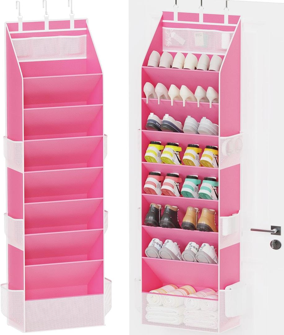 Criusia Shoe Storage, Over the Door Shoe Organizer, Hanging Closet Shoe Storage with Large Deep Pockets, Fits 16–24 Pairs of Sneakers, Sandals, Boots, Pink