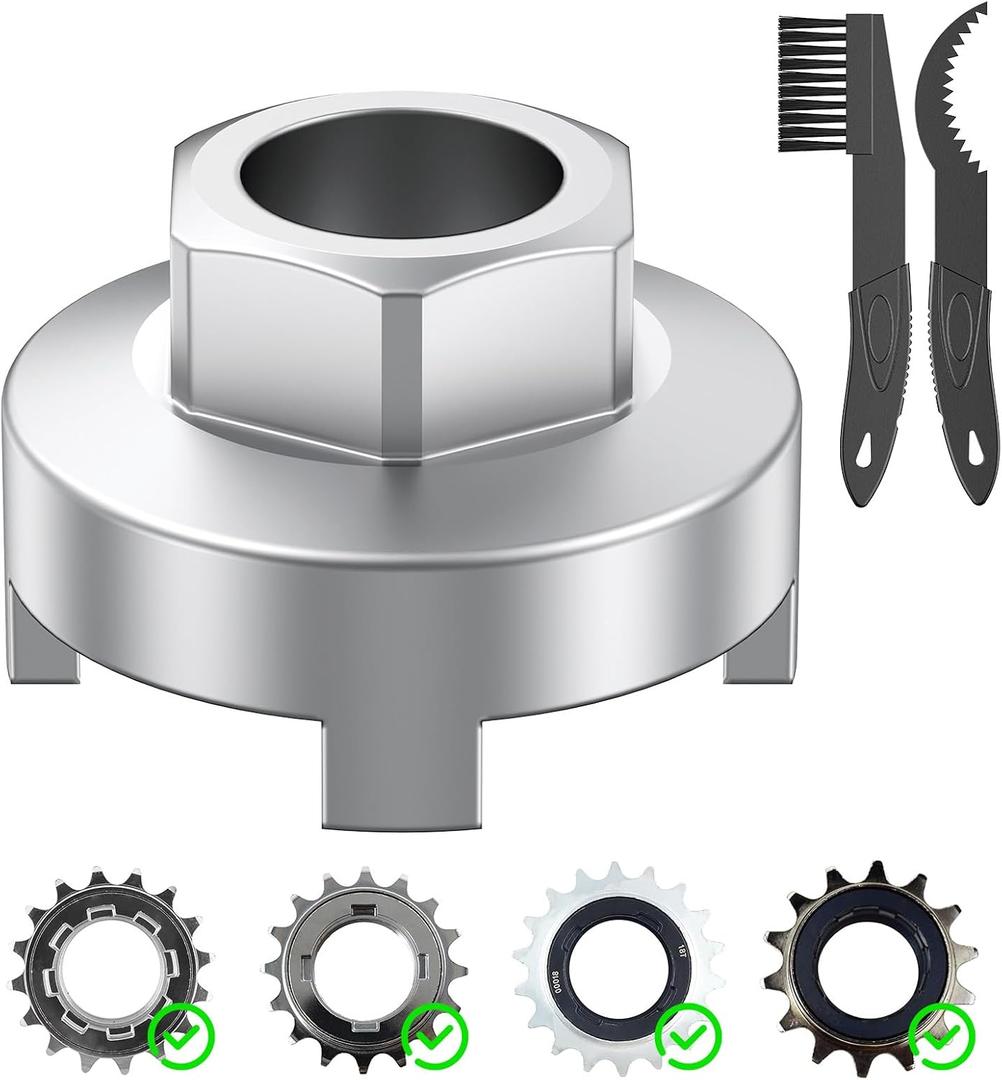 Pawfly Bike Single Speed Freewheel Removal Tool with Sprocket & Chain Cleaning Brushes, 4 Notch Sprocket Puller Tool, BMX Bicycle Freewheel Remover, One-Speed Freewheel Disassembly Tool, Silver