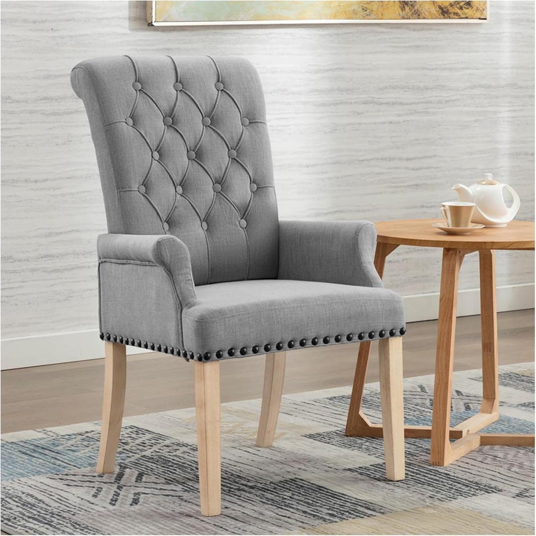 Upholstered Fabric Accent Dining Chair, Elegant Tufted Club Dining Room Kitchen Room Arm Dining Chair, Light Grey (2PCS)