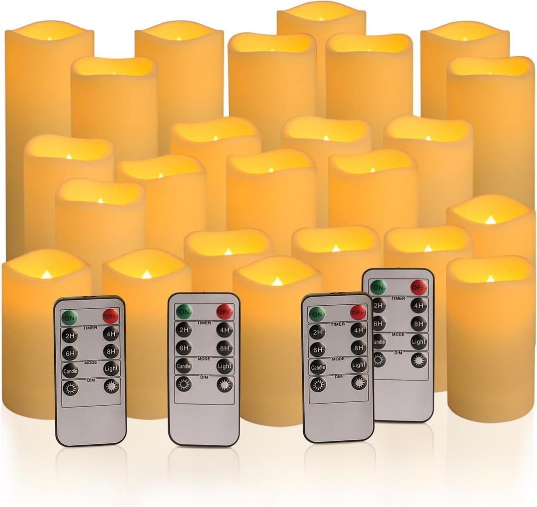 24-Pack LED Flameless Candles with Remote Control -Flickering Electric Candles- Timer Candles -3D Flame, for Halloween Christmas Parties,Wedding,Home,Gift and Special Occasions(Three Sizes)
