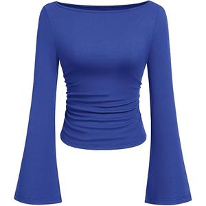 PRETTYGARDEN Womens Long Sleeve Shirts 2026 Spring Crop Going Out Tops Casual Boat Neck Bell Sleeve Ribbed Ruched Y2K Clothes (Small, Royal Blue)