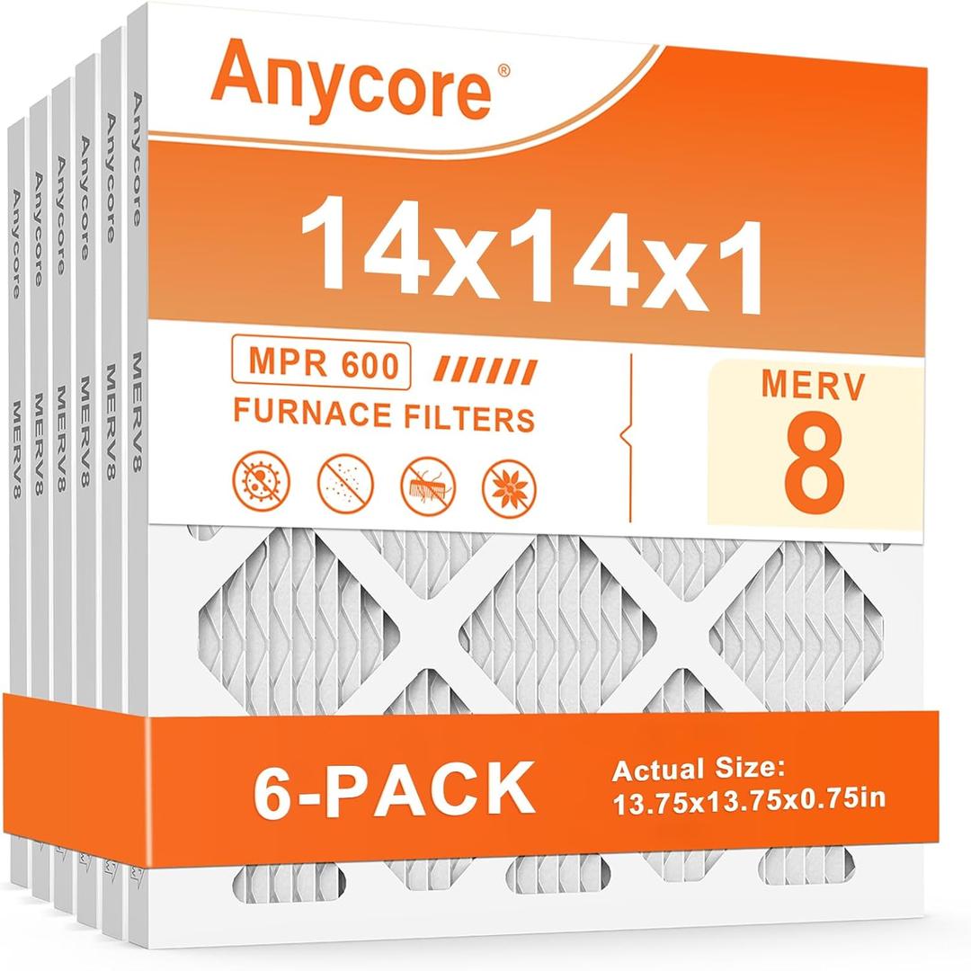 14x14x1 Air Filter 6 Pack MERV 8 HVAC AC Furnace Pleated Air Filters for Home Office MPR 600 FPR 5 (Actual Size: 13.75x13.75x0.75 inch)