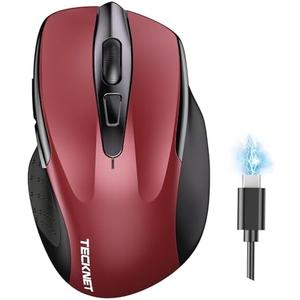 TECKNET Wireless Mouse (BT5.0/3.0 & 2.4G) Rechargeable 4800 DPI Silent USB A & Bluetooth Mouse 6 Buttons, Wide Compatibility - Red