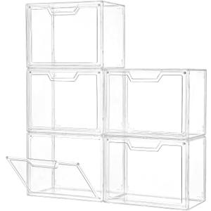 Freebat Stackable Storage Bins, Clear Acrylic Display Case, 5-Pack Acrylic Boxes with Lids, Clear Storage Containers Storage for Handbags, Collectibles & Figures