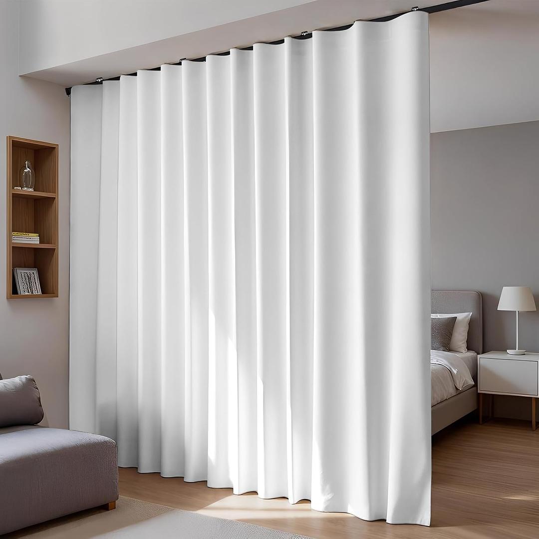 Room Divider Blackout Curtains Flexible Sliding Tracks Sets Ceiling Mounted Rod Window Curtain Privacy Separation for Bedroom Living Rooms,1 Panel Gray White Drape and Black Track Set-W180xH96 in