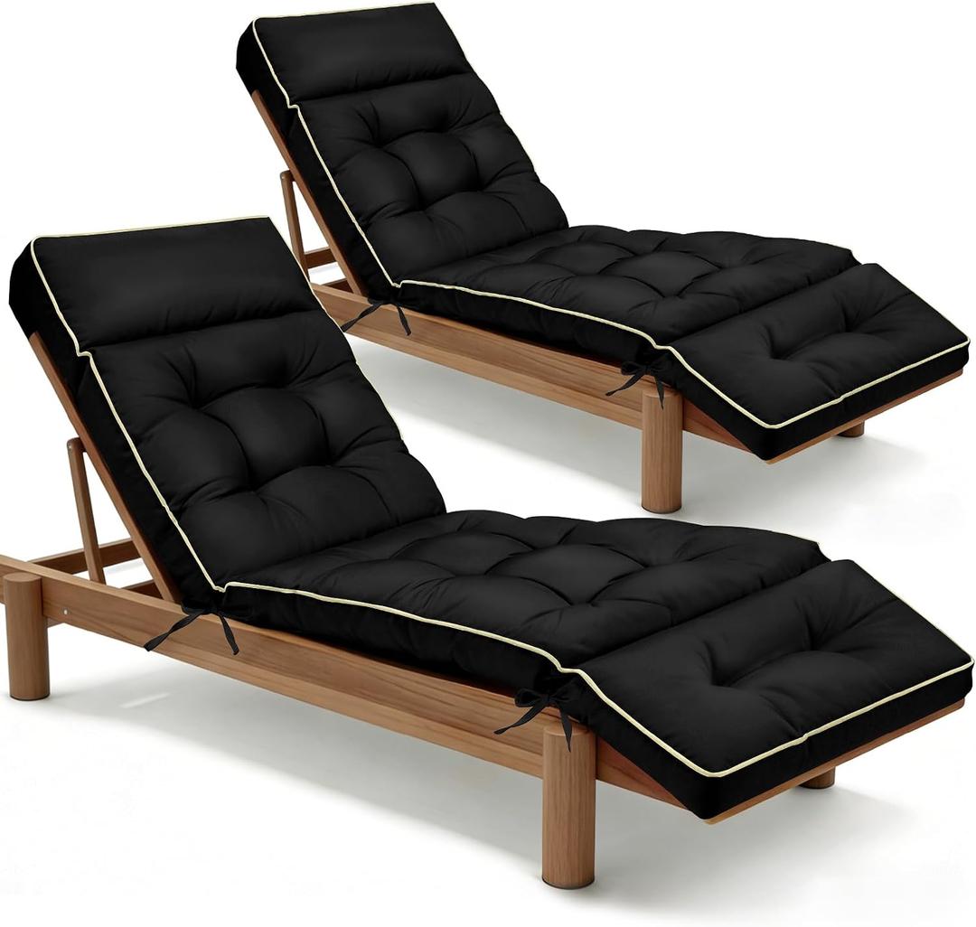 MAGIC ELEPHANT Chaise Lounge Cushion Outdoor Set of 2, Memory Foam Replacement Patio Pool Lounge Chair Cushion with Ties for Outdoor Furniture, 74 x 22 x 4 Inch (Black)