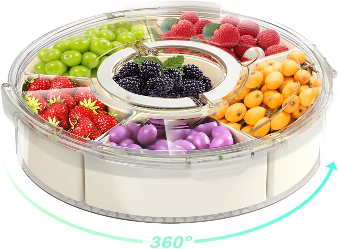 Divided Rotating Serving Tray with Lid and Handle, Portable Snackle Box for Fruits Snacks Veggie Charcuterie, Clear Lazy Susan Organizer and Fridge Storage Container for Adults Child (1PCS,9.5" L) (White)
