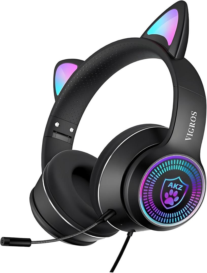 Cat Ear Gaming Headset with Mic RGB LED Light, VIGROS Flashing Glowing Stereo Headphones, 7.1 Stereo Sound Surround Over-Ear Headset for PC, Xbox One, PS4, PS5, Nintendo Switch, Moilbe (Black)  