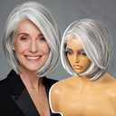 KOME Grey Synthetic Lace Front Wig,Silver Side Part Short Straight Glueless Bob Wigs for White Women Daily Use 10IN (#2/60HL)