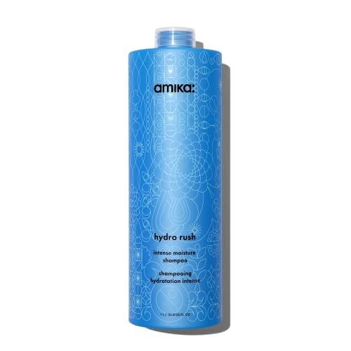amika hydro rush intense moisture shampoo with hyaluronic acid, 1000ml | for dry, textured, or coarse hair types 2a-4c, long-lasting hydration, color-safe, keratin + chemically treated safe