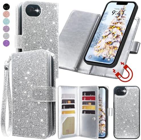 Varikke for iPhone 16e Wallet Case Detachable with RFID Blocking Card Holder for Women, Glitter PU Leather Wrist Strap Strong Magnetic Flip Wallet Removable Phone Case for iPhone 16e 6.1", Silver