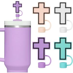 JarThenaAMCS 4Pcs Jesus Faith Straw Cover Caps 0.4 Inch Silicone Reusable Christian Cross Straw Topper Double Sided Pattern Straws Tip Covers for 30 & 40 OZ Tumbler Cups
