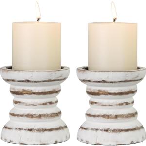 Candle Holder for Pillar Candle Set of 2, Farmhouse Wood Candle Holder, Rustic Wooden Candle Stand, Vintage Small Wooden Candlestick Holders for Living Room, Table Centerpiece, Rustic White