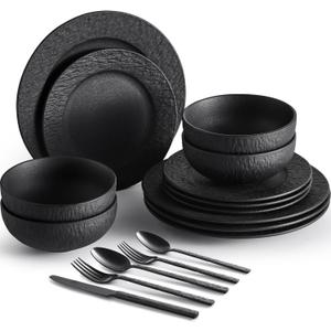 KINGSTONE Black Dinnerware Sets with flatware, 32-Piece Matte Marble Pattern Premium Porcelain, Place Setting with Dinner Plate, Salad Plate, Pasta Bowl, Microwave and Dishwasher Safe