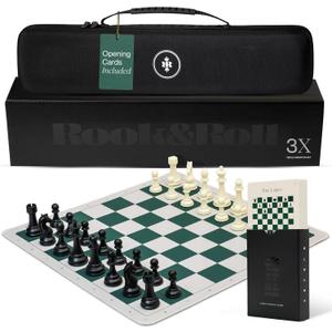Rook & Roll Tournament Size Chess Set for Adults 15+ with 54 Opening Cards, 20”x20” Roll Up Mousepad Board, Triple Weighted Staunton Pieces, 3.75” King, 2.2 oz, 2 Extra Queens, EVA Case