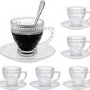 Glass Teacups and Saucers Set of 6, Vintage Coffee Mugs with Stainless Steel Spoon, Dishwasher & Microwave Safe Teacups for Espresso Cappuccino Latte Tea Juice, 7OZ/210ML, Clear