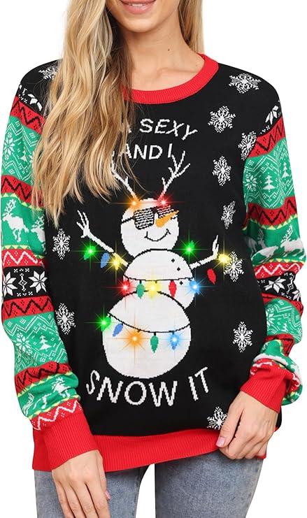 RAISEVERN Ugly Christmas Sweater for Women Light Up Knitted Pullover Xmas LED Long Sleeve Sweaters Size L