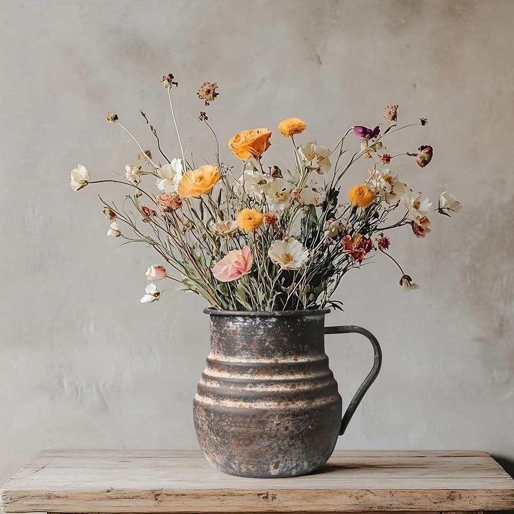Rustic Metal Farmhouse Vase Shabby Chic Small Pitcher Fall Vase Brown Decorative Vase for Farmhouse Kitchen Decor
