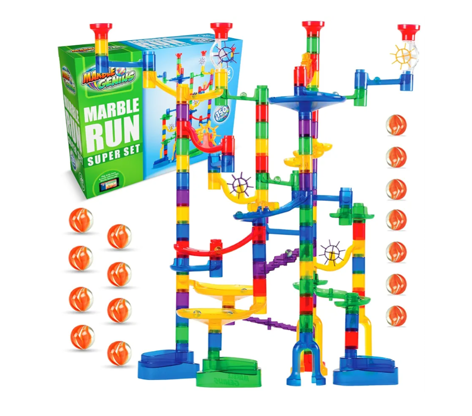 Marble Genius Marble Run - 150 Complete Pieces Maze Track Toys for Adults, Teens, Toddlers & Kids Aged 4-8 Years Old, (85 Translucent Marbulous Pieces + 65 Glass-Marble Set), Super Set