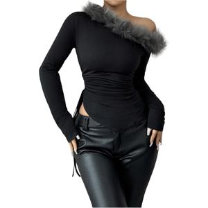 SweatyRocks Women's Asymmetrical Neck Fuzzy T Shirt Ruched Long Sleeve SLM Fit Party Tops (Small, Black)