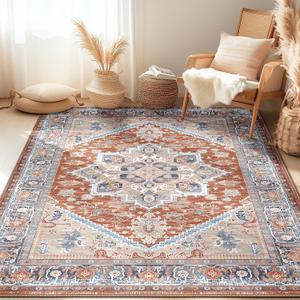 BESTSWEETIE 5x7 Area Rugs for Living Room Washable Non Slip Carpet Low Pile Soft Vintage Print Pattern Rug for Bedroom Dining Room Kitchen Entryway Indoor-Brick/Blue/Light Ivory