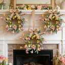 6 Pcs Mini Yellow Flowers Hanging Wreaths for Cabinets Artificial Spring Small Candle Ring Wreaths with Pink Floral and Purple Lavender for for Home Kitchen Front Door Window Farmhouse Porch Wall