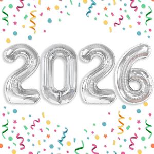 2026 Balloons Silver 2026 Balloon Numbers - 40 Inch Happy New Year Foil Balloons 2026 for New Year Eve Party Supplies Birthday Graduation Anniversary Decorations