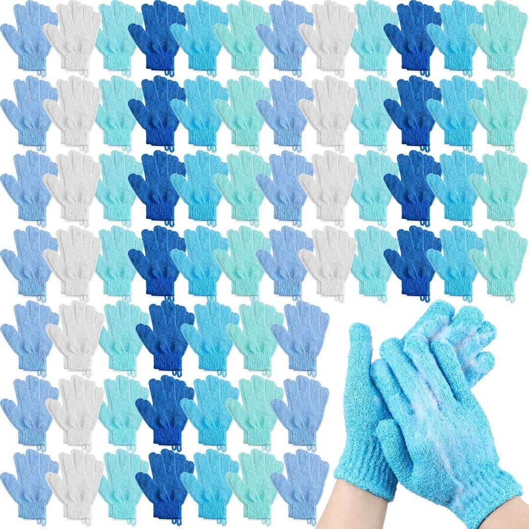 Cuffbow 90 Pcs 45 Pairs Exfoliating Double Sided Bath Gloves with Hanging Loop Colorful Body Shower Gloves for Men Women Beauty Spa Massage Shower Clean Skin Bathing Scrubber Accessories(Blue)