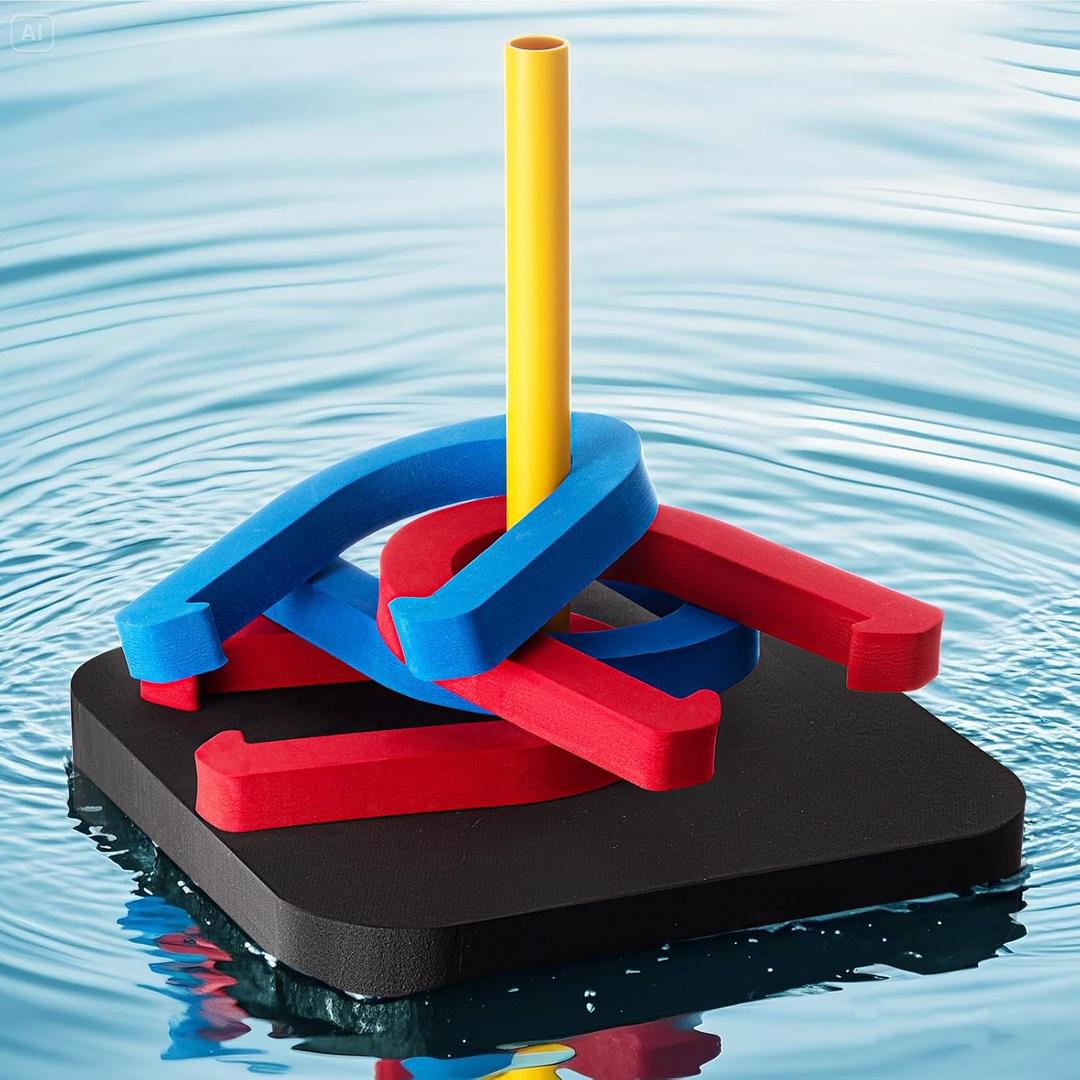 VioraWhite Pool Floating Horseshoe Set Pool Toss Combo Set Includes 4 Horseshoes, 1 Pegs, 1 EVA Mats for Adults Family Beach Swimming Summer Outdoor Party, 7.5 x 6.3 inches