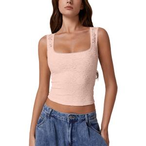 QINSEN Women's Lace Trim Square Neck Sleeveless Double-Layer Tank Top, Pink, Small