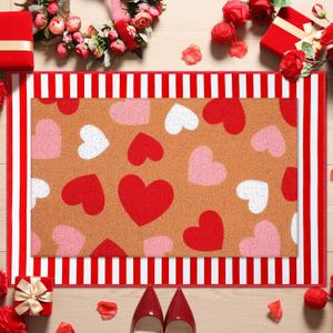 Duraaamo 2 Pcs Valentines Door Mat Heart Outdoor Welcome Mats for Front Door Love Non Slip Coir Floor Doormat Red White Pink Stripe Rug for Outside Front Porch Entryway Decor(Pink White Heart)