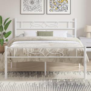 VECELO 14" Queen Size White Metal Platform Bed Frame with Headboard,Premium Steel Slat Support/No Box Spring Needed/Noise-Free/Easy Assembly