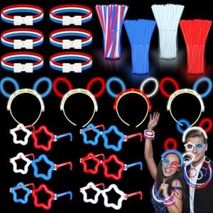 180 Pcs 4th of July Light Up Party Favors, 12 Red White Blue Star Glasses 6 Headbands 12 Bracelets 150 Patriotic Glow Sticks Bulk with Connectors Glow in the Dark Party Supplies Memorial Day Decor
