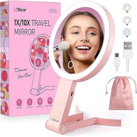 LitBear Travel Makeup Mirror with Lights, Rechargeable Double-Sided 10X/1X Magnifying Mirror, Portable Lighted Beauty Mirror, 3 Color Lighting, Dimmable Touch Screen, Tabletop Handhold Hanging (White)