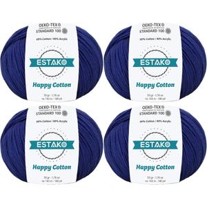 Estako Happy Cotton, (4 Skeins Pack) 60% Cotton 40% Acrylic Yarn, Soft, Fine/Sport (2) for Crochet and Knitting (4 x 1.76 Oz) / (4 x 180 Yrds) (4210 - Navy Blue)
