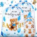 4 Pcs Large Baby Shower Drawstring Gift Bags for Boy Blue Bear Reusable Canvas Wrap Bags 20 Inch Extra Large 12 Inch Medium Treat Sacks Baby Shower for Kid Girls Birthday Gender Reveal Party