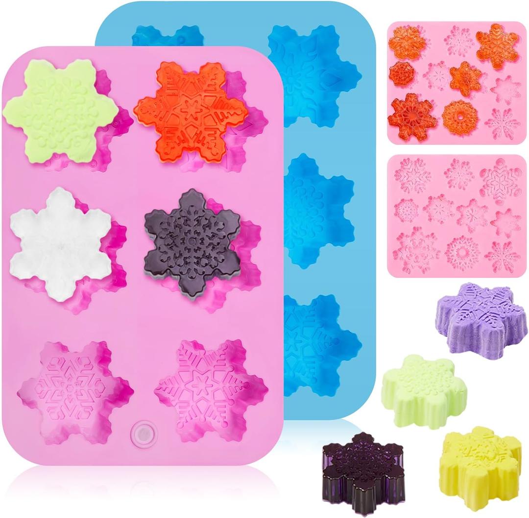 Tioncy 4 Pcs Thickened Snowflake Soap Molds Include 2 Large 6 Cavity Snowflake Silicone Molds for Soap Making and 2 Mini Snowflake Design Molds for DIY Christmas Wax Melts, Ice Cubes, Chocolate Bar